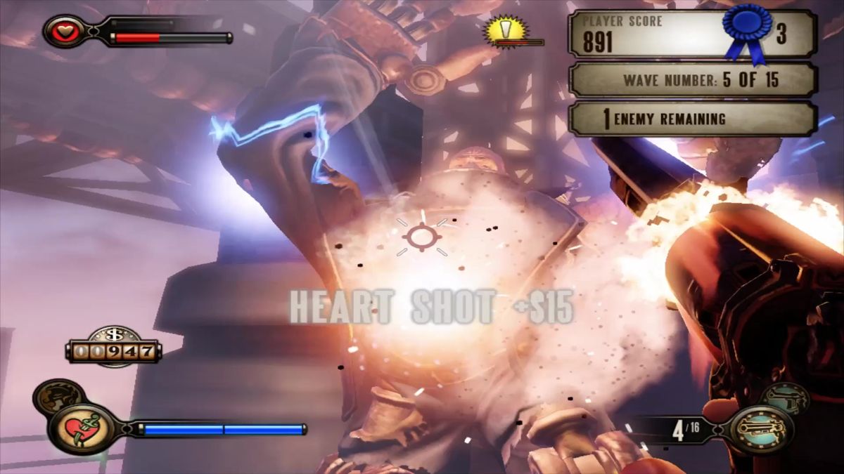 BioShock Infinite: Clash in the Clouds (Macintosh) screenshot: Handyman hand cannon to the heart!