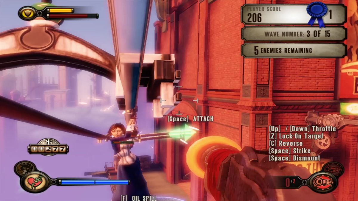 BioShock Infinite: Clash in the Clouds (Macintosh) screenshot: Enemy is on the sky line behind Elizabeth so I must time this shot closely