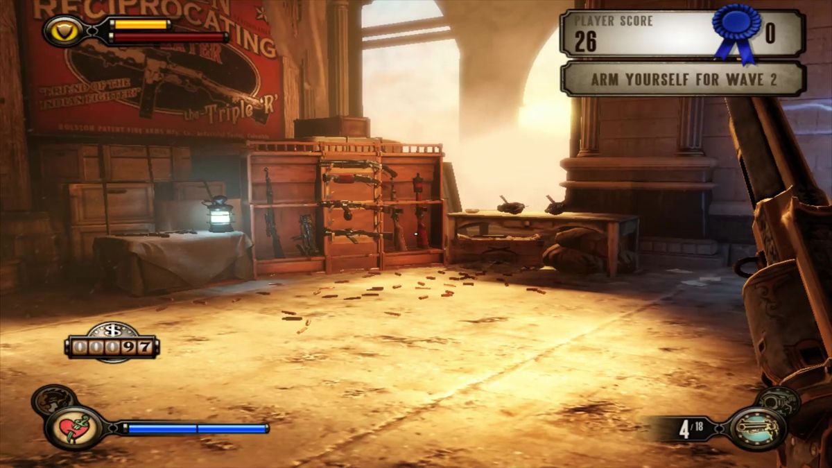 BioShock Infinite: Clash in the Clouds (Macintosh) screenshot: Weapons a plenty and in each wave certain selections are important to a wave challenge like kill all with hand guns only etc.