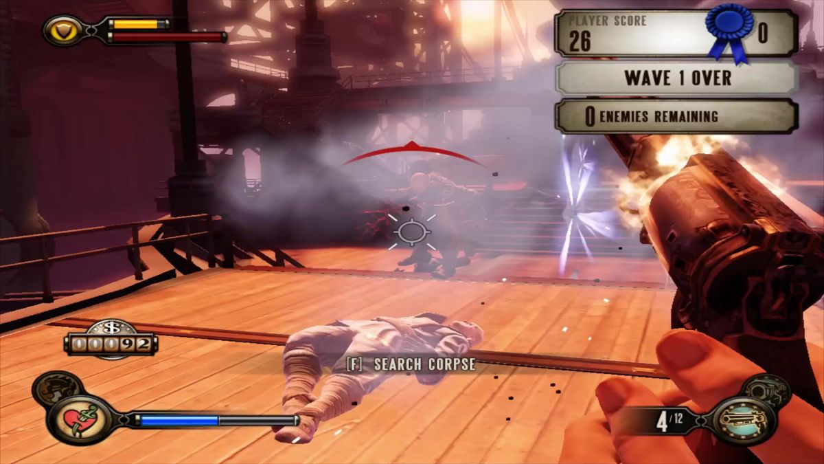 BioShock Infinite: Clash in the Clouds (Macintosh) screenshot: The hand canon makes quick work of the enemies but wave 1 is cake