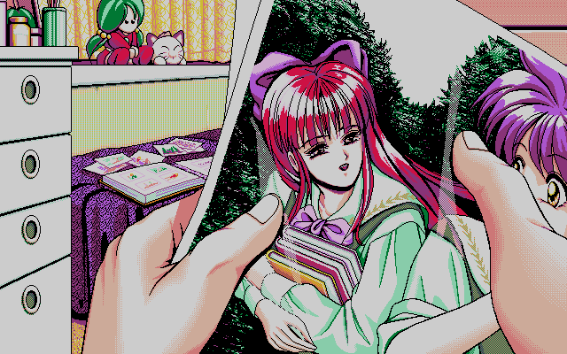 Gokko Vol. 02: School Gal's (PC-98) screenshot: The hero is looking at the girl's picture...