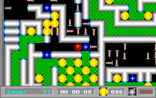 Rolling Jack (DOS) screenshot: Blocking a horde of enemies with a rock