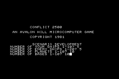 Conflict 2500 (Commodore PET/CBM) screenshot: Game start - setup options