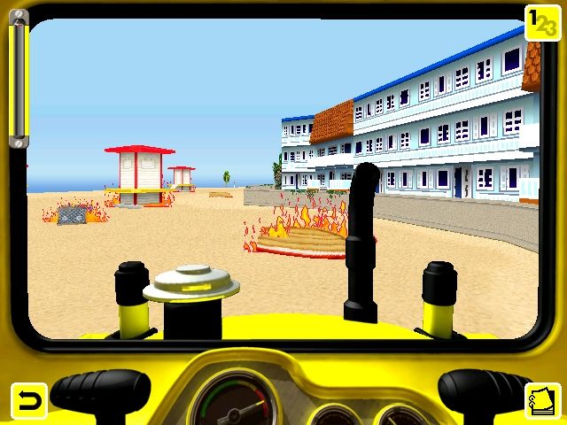 Tonka Firefighter (Windows) screenshot: The Beach Buldozer game<br>Much like the Forest fire game the player drives around flattening everything that's on fire and avoiding obstacles
