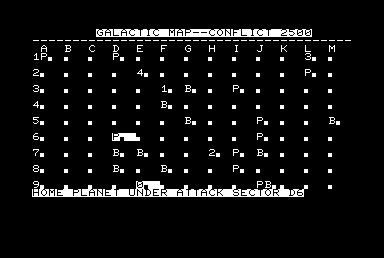 Conflict 2500 (Commodore PET/CBM) screenshot: Home planet under attack