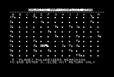 Conflict 2500 (Commodore PET/CBM) screenshot: Planet under attack by Pulverizers