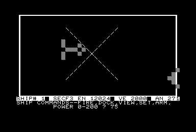 Conflict 2500 (Commodore PET/CBM) screenshot: Hyper-Fighter #1 tactical view - enemy to right