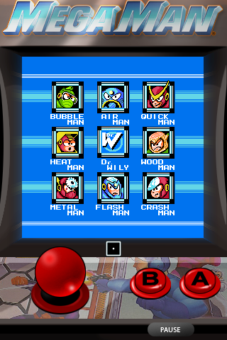Mega Man 2 (iPhone) screenshot: The boss selection screen (in portrait mode).