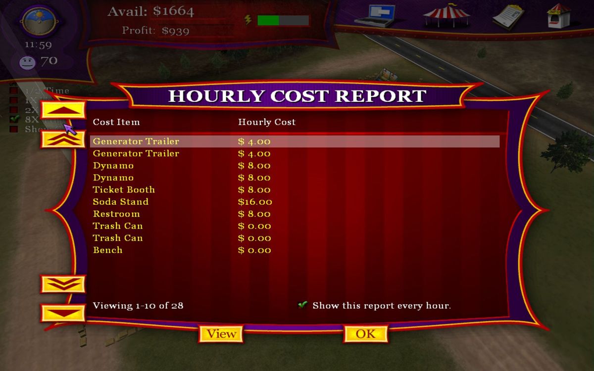 Ride! Carnival Tycoon (Windows) screenshot: The optional hourly cost report