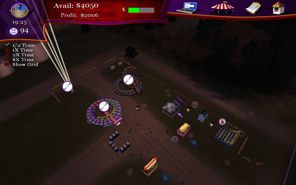 Ride! Carnival Tycoon (Windows) screenshot: At night the rides light up<br>Some items here need to be closed for repair. In poor condition the player doesn't get all their deposit back when they are sold, they get nothing if the ride breaks