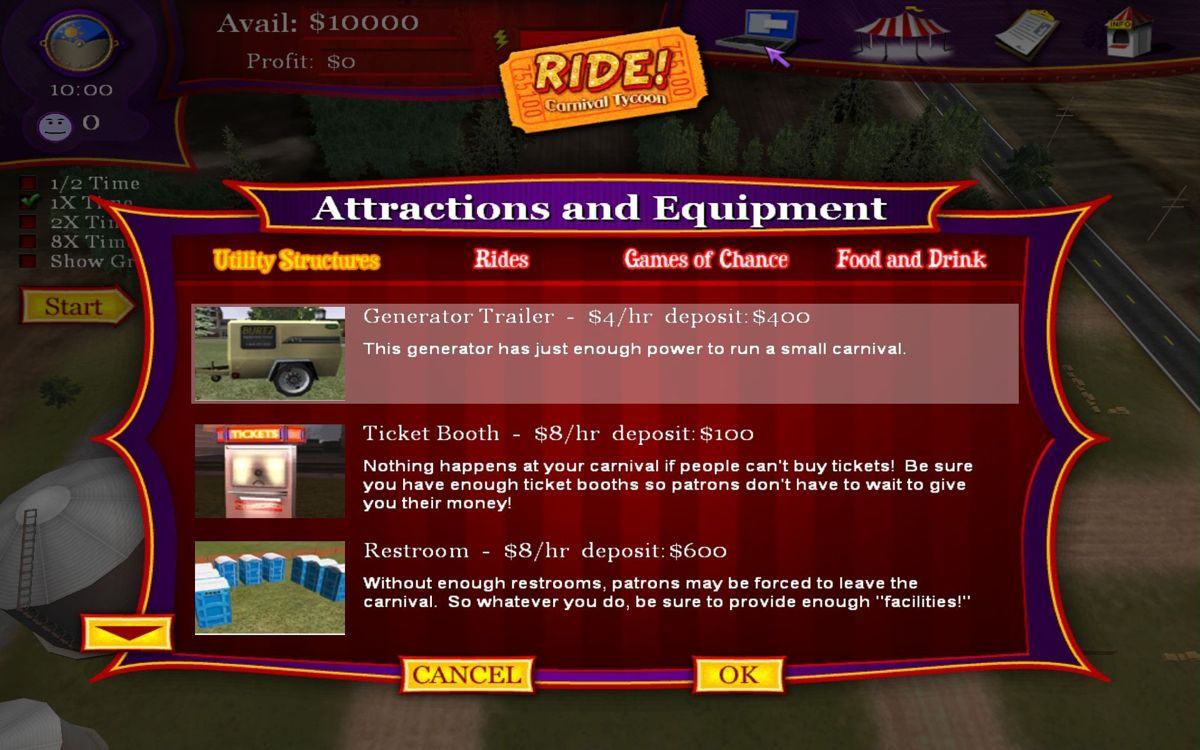 Ride! Carnival Tycoon (Windows) screenshot: The Attractions & Equipment menu is accessed via the carousel icon at the top of the game screen
