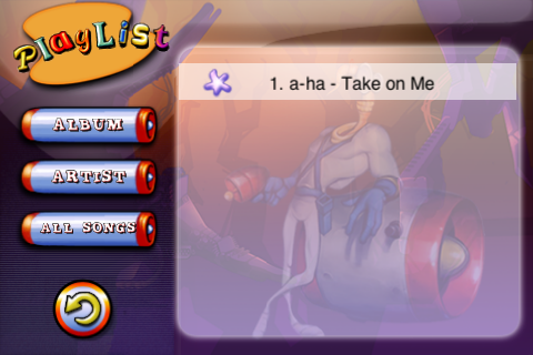 Earthworm Jim: Special Edition (iPhone) screenshot: The Iphone and Ipod Touch version also features a music player. Replace the ingame music with tracks from your own library.