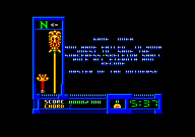 Masters of the Universe: The Movie (Amstrad CPC) screenshot: I lost all my lives. Game over. Skeletor will be Master of the Universe.