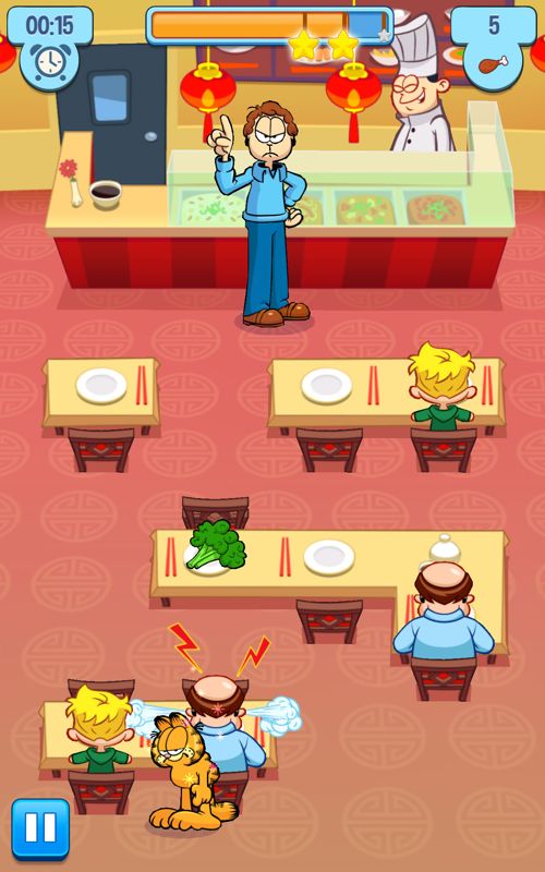 Garfield: My Big Fat Diet (Android) screenshot: The angry customer causes Jon to look right away.
