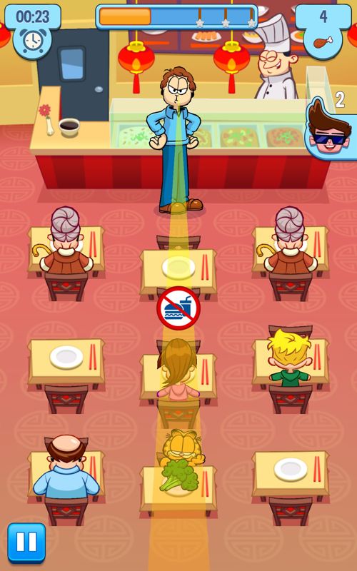 Garfield: My Big Fat Diet (Android) screenshot: Garfield is back at his table. The customer above him is out of food.