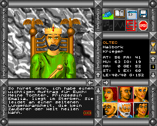 Jaktar: Der Elfenstein (Amiga) screenshot: The king offers a reward for saving his daughter, princess Emalia