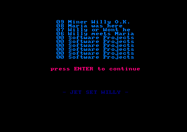 Jet Set Willy II: The Final Frontier (Amstrad CPC) screenshot: The high scores