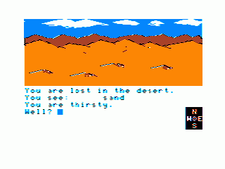 The Sands of Egypt (TRS-80 CoCo) screenshot: Oh no.... you are thirsty already
