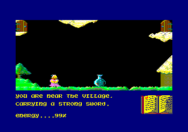 Sorcery (Amstrad CPC) screenshot: Near the village with a strong sword.