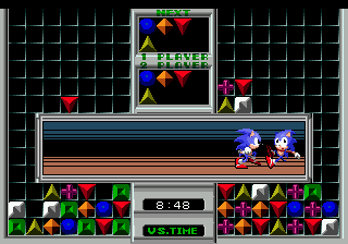 Sonic Eraser (Genesis) screenshot: Basically, the whole thing is nothing more then trying to screw the 2nd player. When you get enough combos, Sonic will run across the screen and punch the other Sonic.