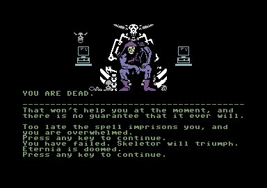 Masters of the Universe: Super Adventure (Commodore 64) screenshot: She killed me. Skeletor will rule and Eternia is doomed.