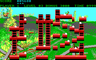 Chuckie Egg (DOS) screenshot: Ingame Screen, Level 3 (EGA/Tandy)