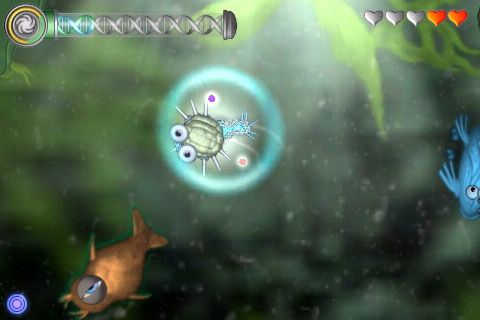 Spore Origins (iPhone) screenshot: As you get closer to the shore, you gain new powers. I've now access to special powers activated by the button in the lower left of the screen.