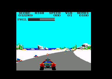 Fire and Forget (Amstrad CPC) screenshot: Firing my weapon while turrets along the road fire back.