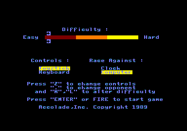 The Duel: Test Drive II (Amstrad CPC) screenshot: Main menu