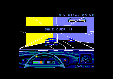 The Duel: Test Drive II (Amstrad CPC) screenshot: I lost all my lives. Game over.