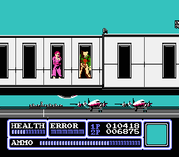 Freedom Force (NES) screenshot: Level 2, Gangway. Got him! Eww, blood.