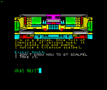 Alien Research Centre (ZX Spectrum) screenshot: As with all games of this type spelling is importanr
