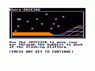 Major Istar: Under the Doomed Sea (TRS-80 CoCo) screenshot: First arcade sequence avoid the bubbles dock on the pad