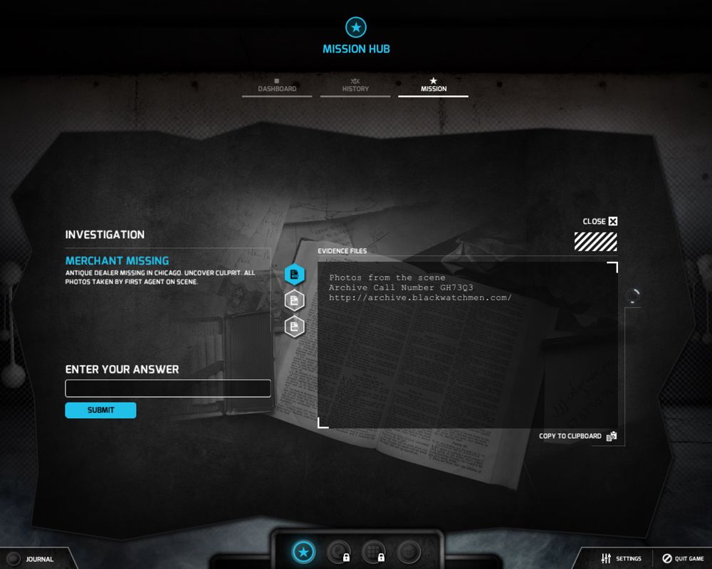 The Black Watchmen (Windows) screenshot: Mission screen info.