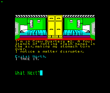 Alien Research Centre (ZX Spectrum) screenshot: There are other weapons to pick up like this matter disrupter. However the 'stench of rotting flesh' can only mean it didn't do it's last owner any good