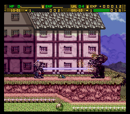 Front Mission: Gun Hazard (SNES) screenshot: The laser weapon cuts through an enemy wanzer