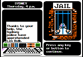 Where in the World Is Carmen Sandiego? (Apple II) screenshot: Len Bulk is now in jail!