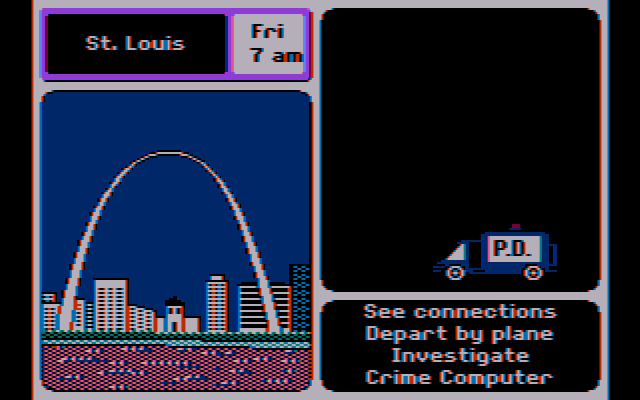 Where in the U.S.A. Is Carmen Sandiego? (DOS) screenshot: Police paddy wagon. (CGA Composite mode)
