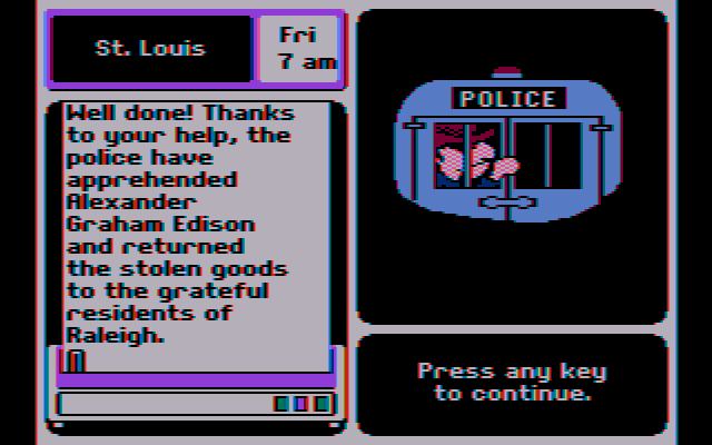 Where in the U.S.A. Is Carmen Sandiego? (DOS) screenshot: Made an arrest! (CGA Composite mode)