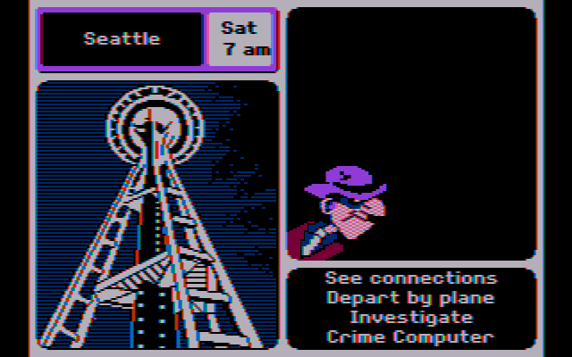 Where in the U.S.A. Is Carmen Sandiego? (DOS) screenshot: A V. I. L. E. henchman! (CGA Composite mode)