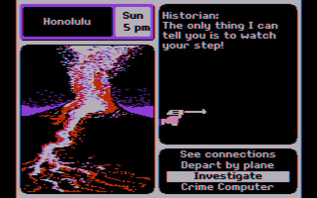 Where in the U.S.A. Is Carmen Sandiego? (DOS) screenshot: Someone is trying to knock me off! (CGA Composite mode)