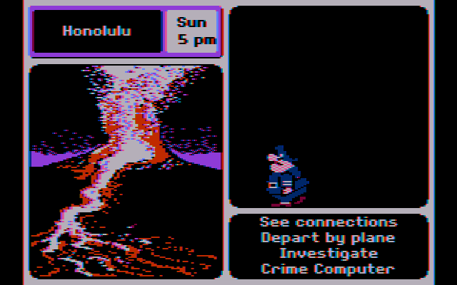 Where in the U.S.A. Is Carmen Sandiego? (DOS) screenshot: This police office is disappointed because I failed to get a proper warrant. (CGA Composite mode)