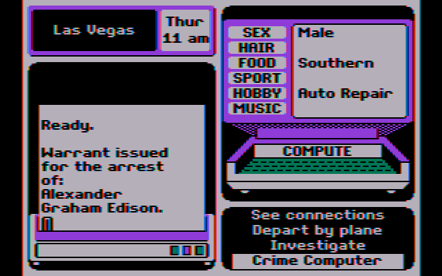 Where in the U.S.A. Is Carmen Sandiego? (DOS) screenshot: Crime lab - Issued a warrant! (CGA Composite mode)