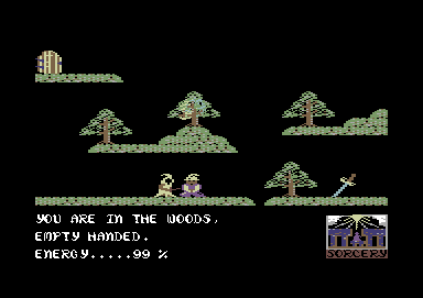 Sorcery (Commodore 64) screenshot: I am starting in the woods.