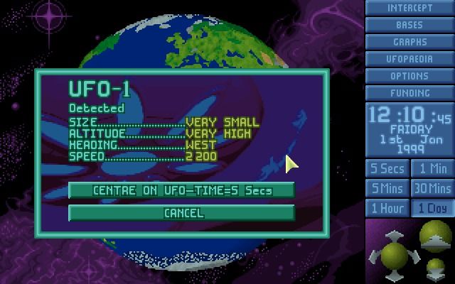 X-COM: UFO Defense (Windows) screenshot: First contact.