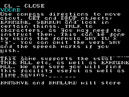All in a Day's Work (ZX Spectrum) screenshot: The VOCAB command explains how to string commands together