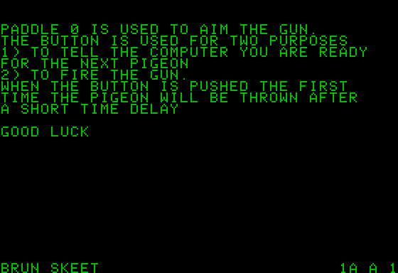 Skeet Shoot (Apple II) screenshot: Instructions screen 3 (Monochrome display)
