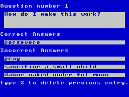 Answer Back Junior Quiz (ZX Spectrum) screenshot: Entering a question for my own quiz