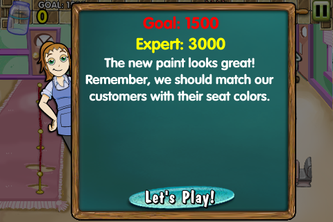 Diner Dash (iPhone) screenshot: Outline of goals for this shift