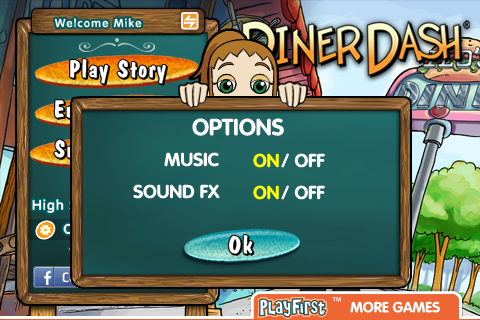 Diner Dash (iPhone) screenshot: Options menu